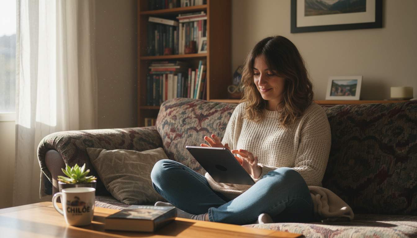 Mujer chilena usando un dispositivo para iniciar sesión en el casino.