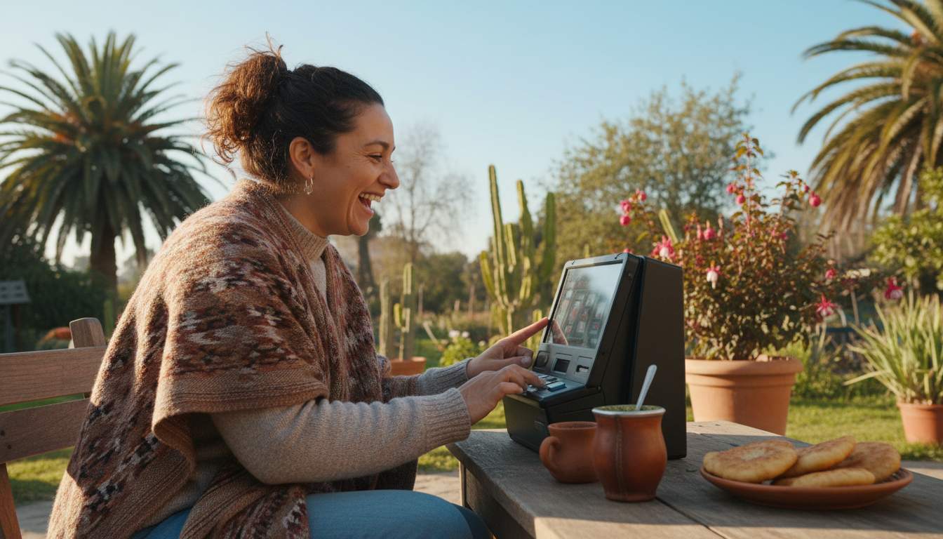 Mujer chilena disfrutando de las tragamonedas en DoubleDown Casino
